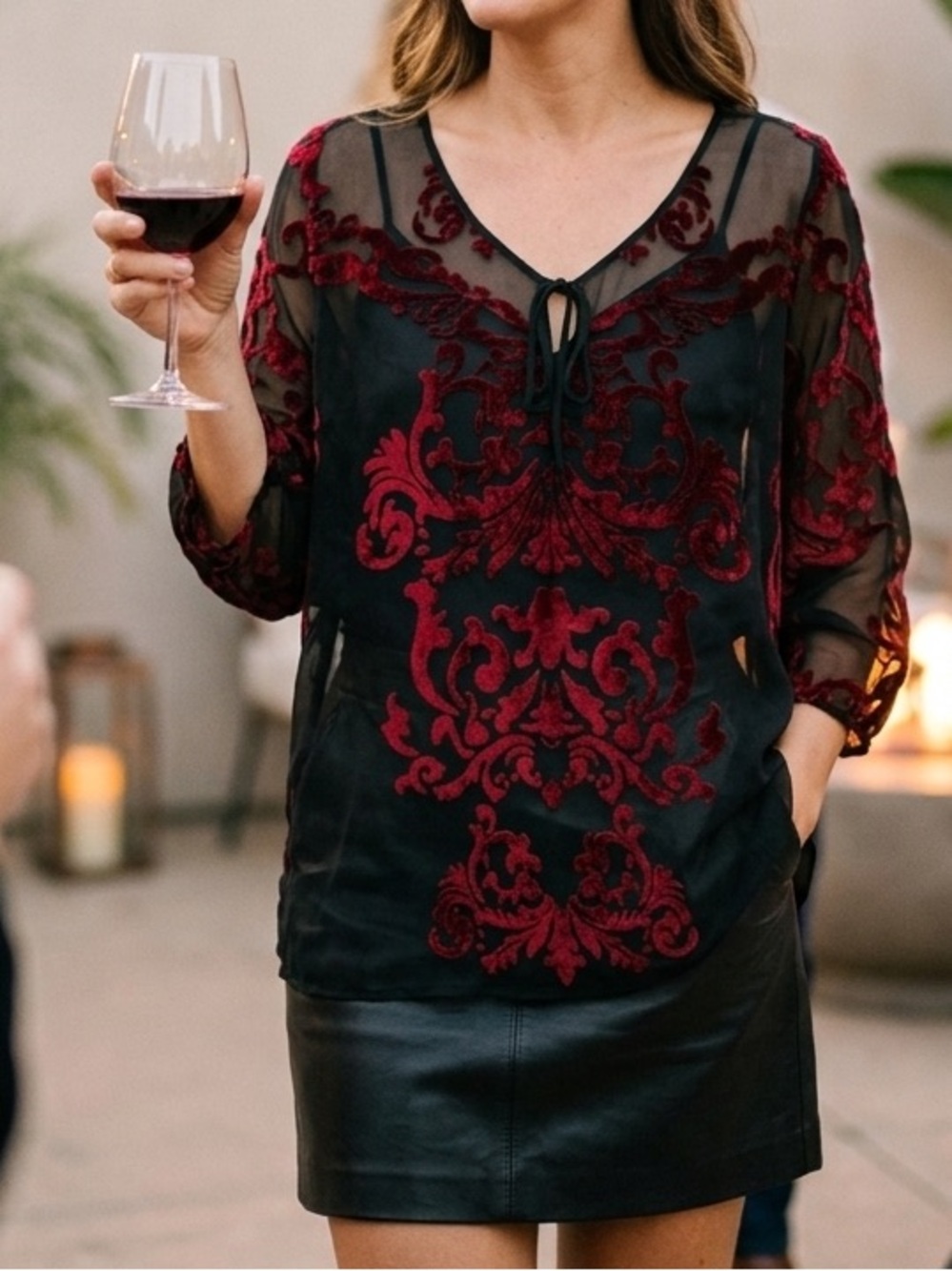 Black Mesh Sheer Top Red Velvet Damask Travelers by Chico’s 2 (L/XL) Whimsygoth